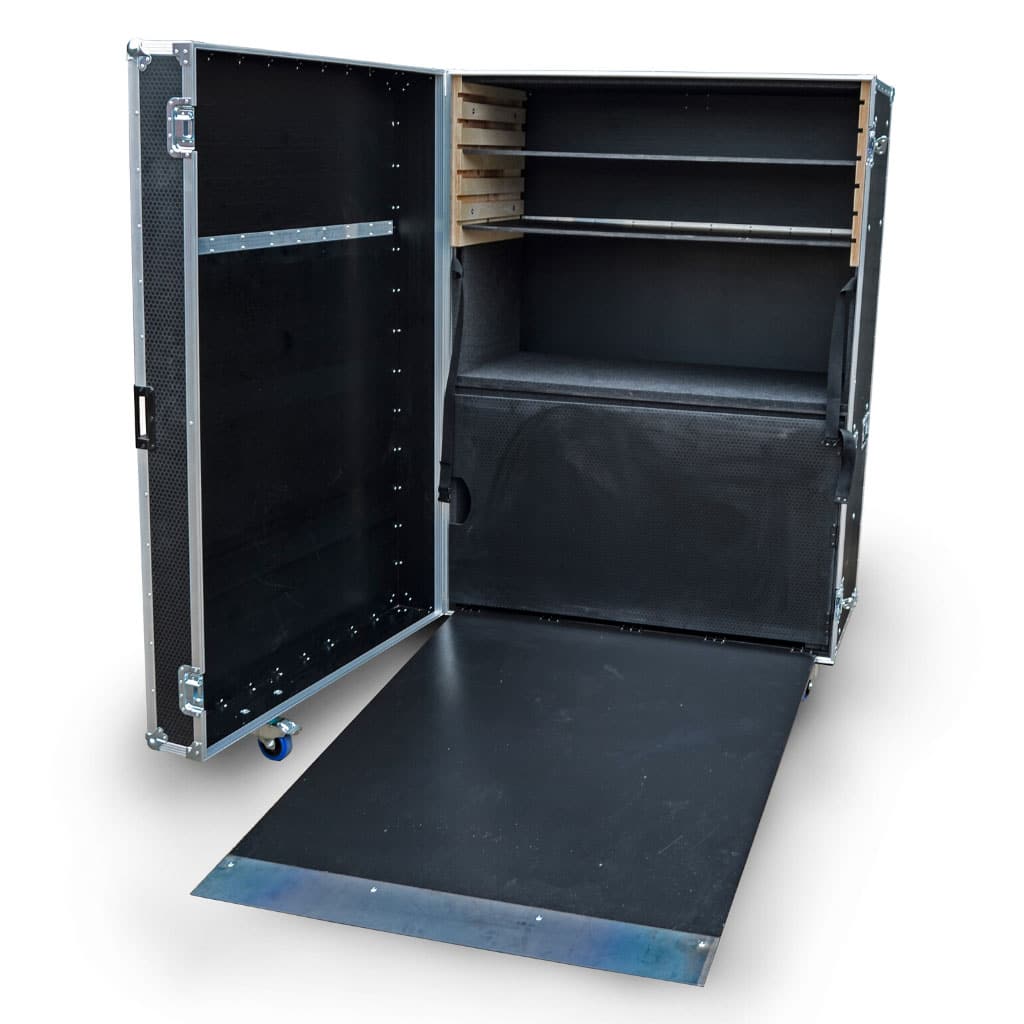 flight-case-with-drop-down-ramp - PottertonPacs large wardrobe style flight case with drop down ramp
