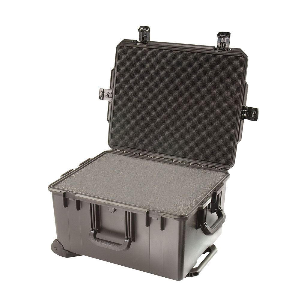 im2750-storm-black-case-with-foam - PottertonPacs black foam filled peli storm im2750 heavy duty and waterproof case, shown open with foam set inside