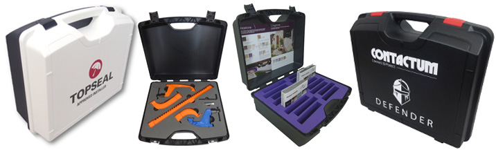 various plastic cases with foam insert and printed logos