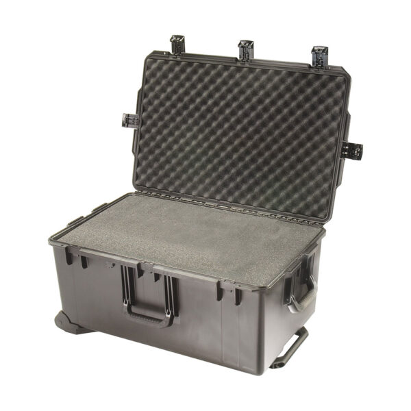 black peli storm im2975 watertight case on wheels, shown open with foam set inside