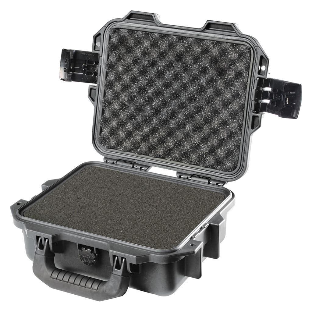 black foam filled peli storm im2050 watertight case shown open with foam interior
