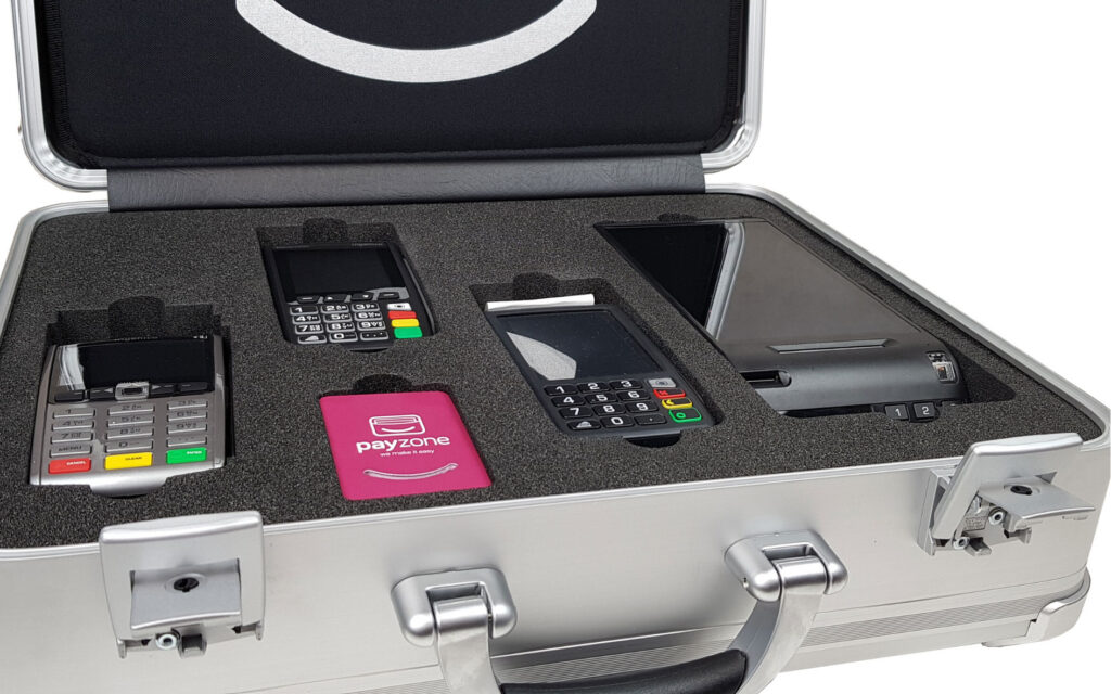 aluminium reps sample case with custom foam insert to hold payment terminals