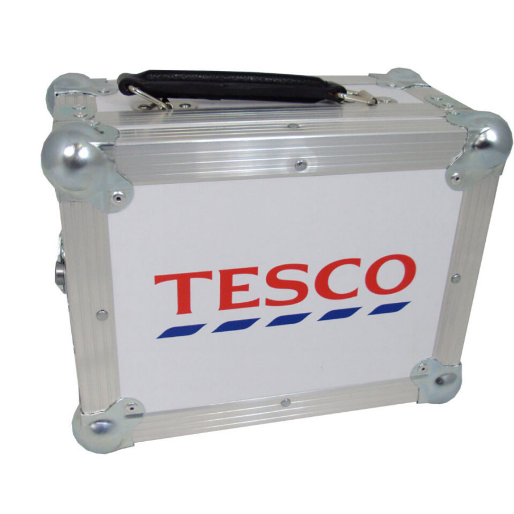 Custom made white flight case branded with tesco logo