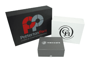 Assorted presentation boxes with company branding in the form of printed logos applied to the lids. Promotional product or sample presentation solution to carry products or samples and keep them well organised and prevent damage.