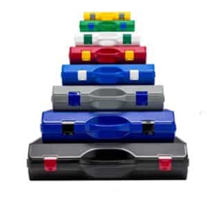 multi coloured plastic cases stacked largest to smallest