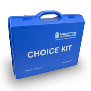 blue plastic case with printed white marie stopes logo