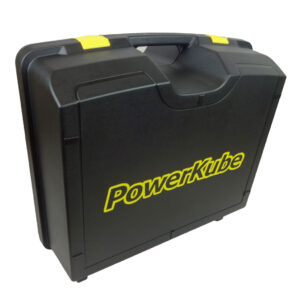 black plastic case with yellow clips and powerkube logo