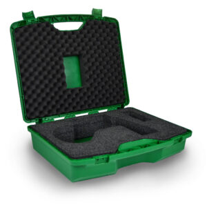 green plastic case with custom cut foam insert
