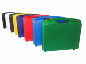 Row of light weight carry cases lined up in rainbow colours with a green plastic case foregrounded in the front.