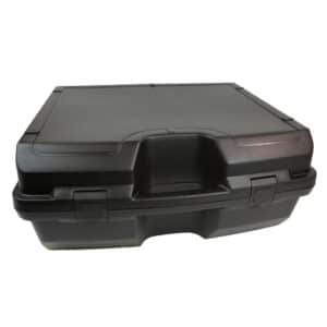 Rigid black hard-shell carrying case with a central handle and dual latches by the sides, closed and secured