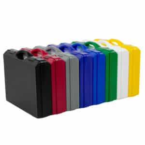 eight assorted colour options for maxado spi range model pounce plastic carry cases stood in a row