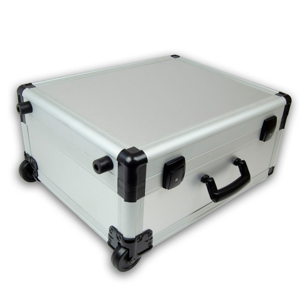 full brushed aluminium aluzone custom made case on wheels with black fittings