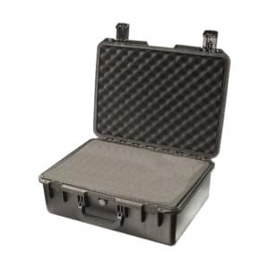 black foam filled peli storm im2600 heavy duty and waterproof case, shown open with foam set inside