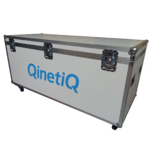 white flight cases on castors with company logo to front panel