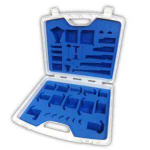 white plastic case with blue waterjet cut foam insert for UPVC profile samples