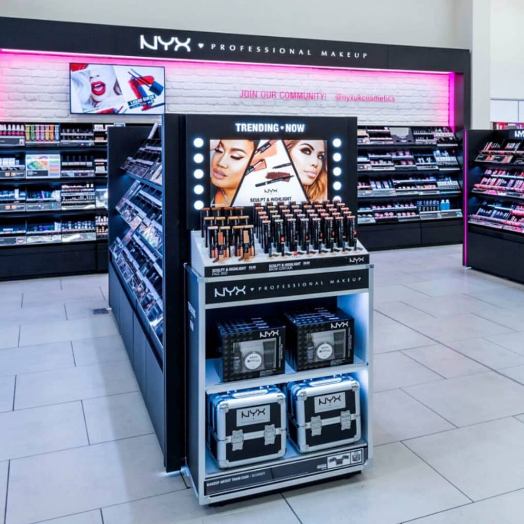 Retail POS NYX Range of Make Up in Flight Case Themed DisplayStand