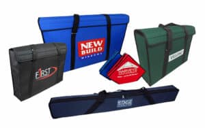 A variety of bespoke made padded bags to carry and transport assorted sample products or industrial specialist equipment all feature company logo's to promote business name or branding whilst in use in the field.
