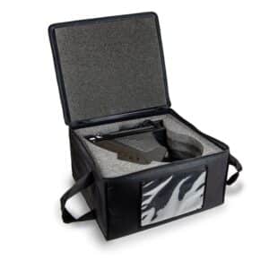 open black padded new weave protective equipment storage and transit bag with custom foam insert for assured safe transit and protection with clear identification window and strong webbing carry strap