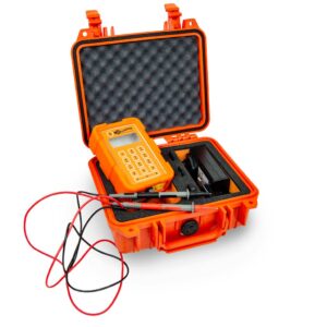 orange peli case with profile lid foam pad in the lid and dual colour custom cut foam insert in the base to electrical testing kit