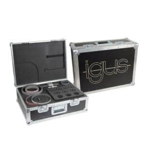 heavy duty protective flight cases with engraved igus company logo and custom cnc cut closed cell foam inserts for organised and safe transportation of equipment