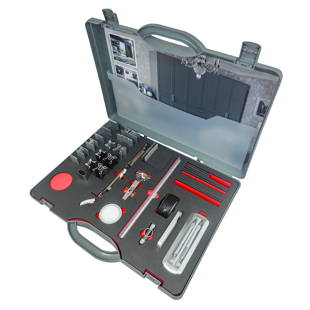 sample presentation kit for fitted wardrobes in grey plastic cases with custom foam insert in the base and graphics panel in the lid