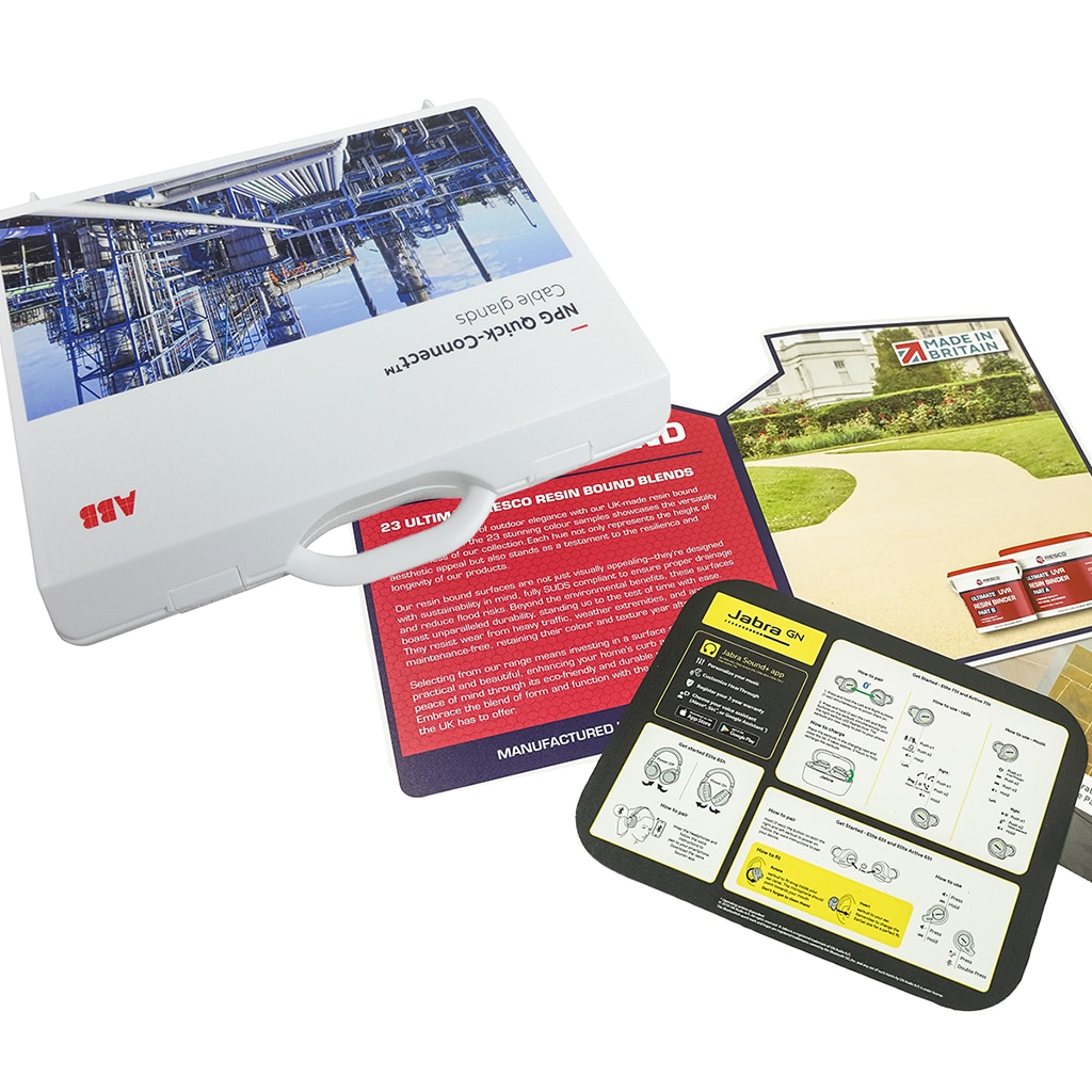 variety of branding plastic case examples which include in digitally printed in mould label example on a white case and a printed marketing graphics panel and identity guide for the interior of a plastic carry case