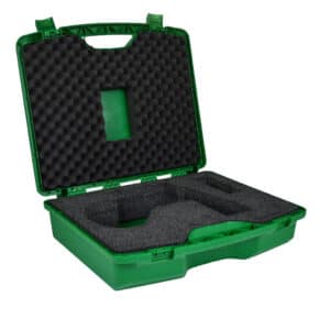Green protective plastic carry case open, showing custom cut foam interior for equipment storage and transit