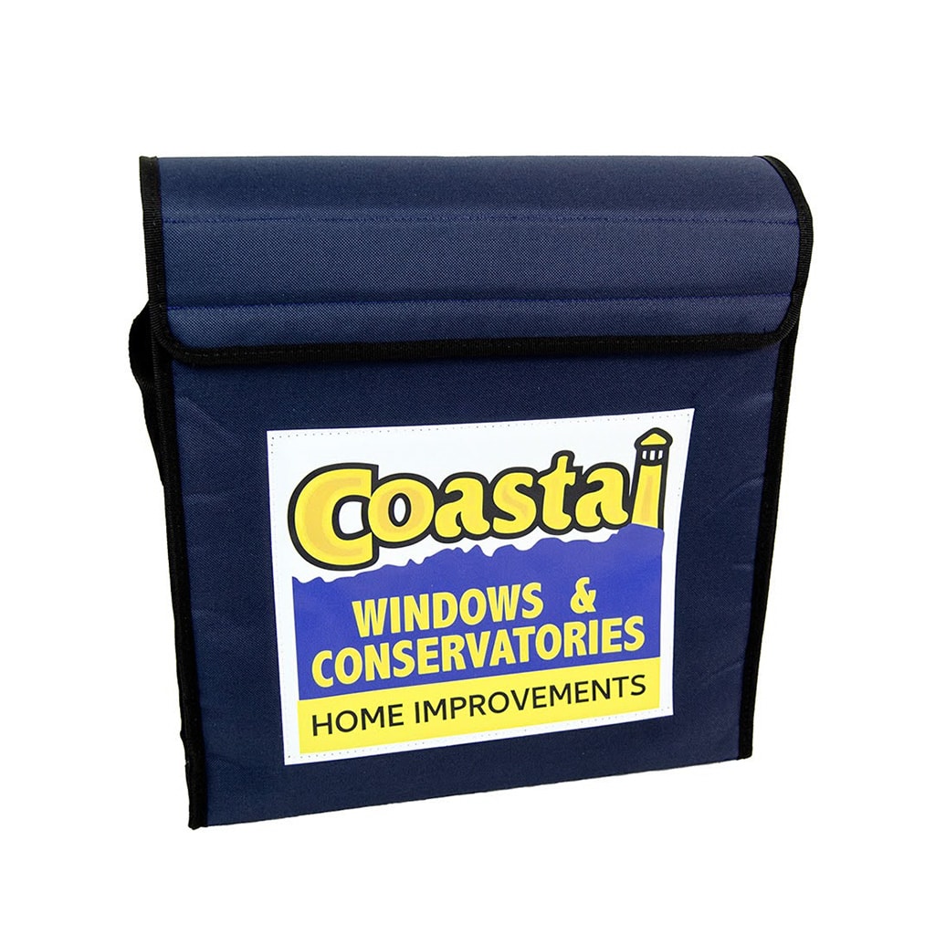 Blue promotional bag displaying the Coastal Windows & Conservatories Home Improvements logo sticker.