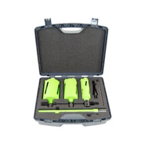 Open case with lime-green power drill set and accessories in foam inserts.