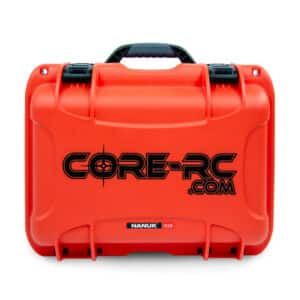 Red rugged hard case with black logo reading CORE-RC.com, labeled Nanuk 918 (RC gear case).