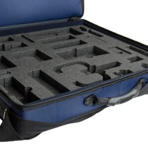 Blue protective camera case with custom foam inserts for organizing gear inside a padded, zippered travel case.