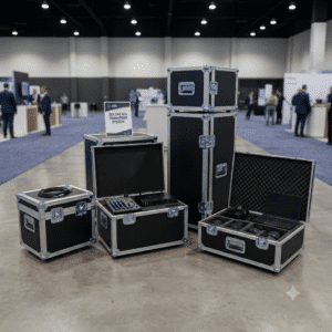 Stack of black and silver road cases with foam-lined interiors containing AV gear, laptop, and lenses at a convention hall; sign reads 'Secure AV Transport System'